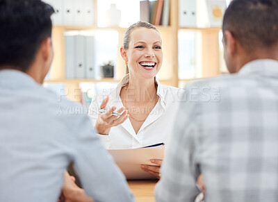 Buy stock photo Planning, strategy and manager in a meeting, working and talking to employees about a report on company growth at work. Happy, smile and young boss in communication with workers on corporate budget
