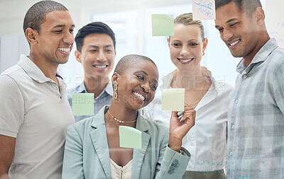 Buy stock photo Sticky note, planning meeting and diversity teamwork on brainstorming, advertising success idea or marketing strategy. Glass board, collaboration and business people partnership working on sales goal