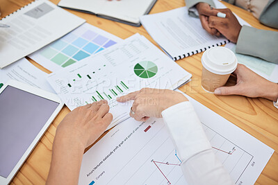 Buy stock photo Top view, finance data and hands of business people working on charts, graphs and statistics. Strategy, planning and teamwork of group in collaboration for office research, analytics and analysis.