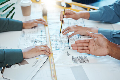 Buy stock photo Hands, architect teamwork and design blueprint for building, architecture or construction project. Engineers, collaboration and group planning development project on drawing sketch with tape measure
