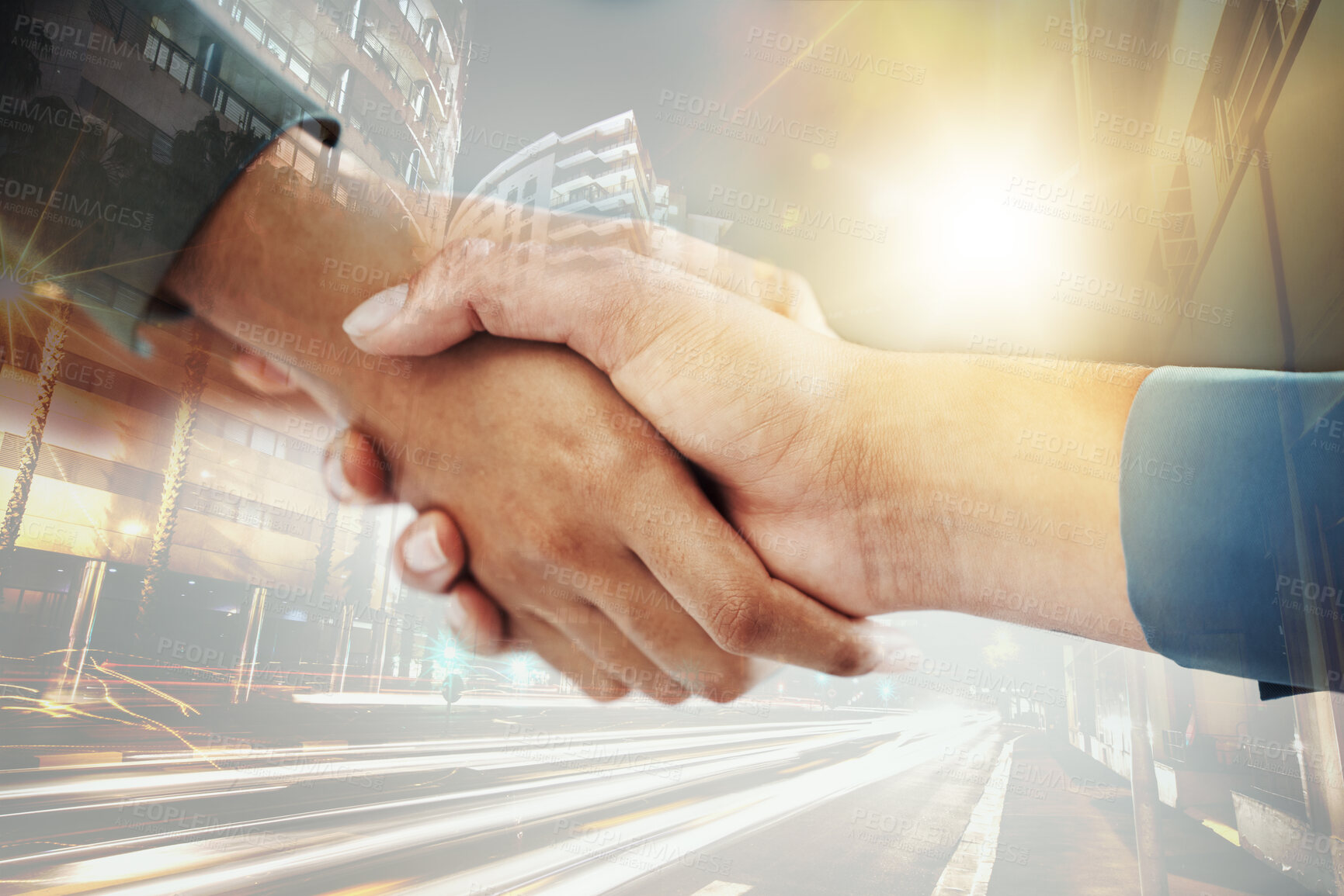 Buy stock photo Business people, shaking hands and city overlay, welcome and thank you of people in collaboration. Double exposure, success and b2b partnership handshake, teamwork or trust, deal or crm agreement.

