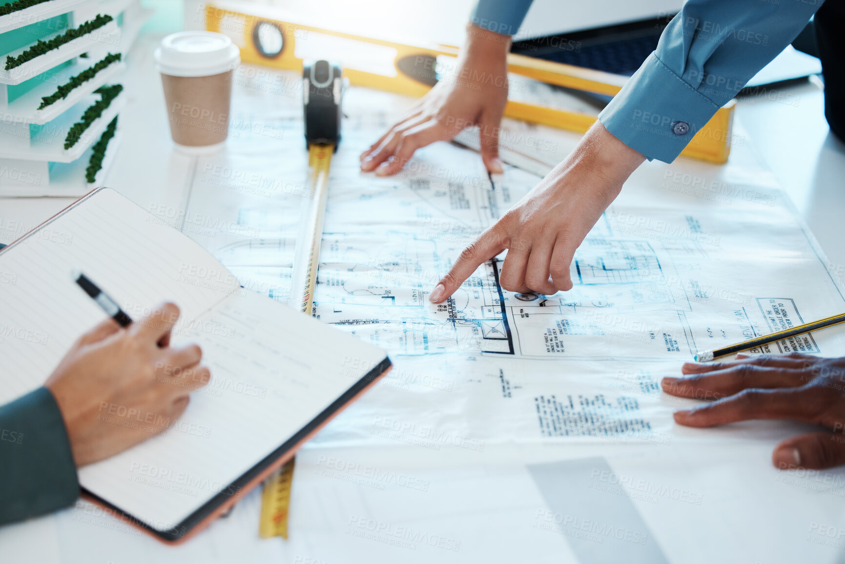 Buy stock photo Architect, blueprint and team meeting for planning, collaboration and communication for building development plan or project. Hands of engineer men and women talking strategy for architecture design