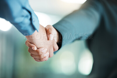 Buy stock photo Handshake, meeting and business people in partnership, collaboration and working on a deal at work. Thank you, teamwork and workers shaking hands, giving a welcome and motivation in an office