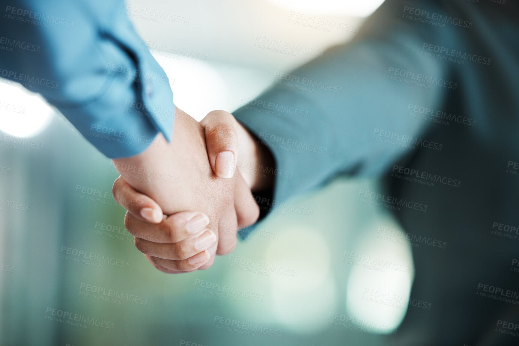 Buy stock photo Handshake, meeting and business people in partnership, collaboration and working on a deal at work. Thank you, teamwork and workers shaking hands, giving a welcome and motivation in an office