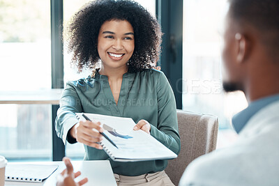 Buy stock photo Client contract, partnership and deal agreement of a business woman with corporate data. Black woman working with a smile busy with b2b, crm or real estate agreement feeling happiness and success