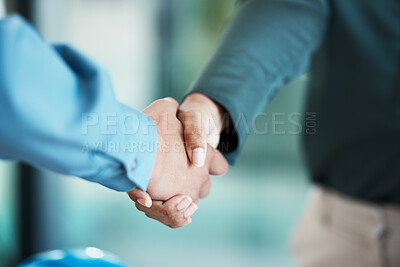 Buy stock photo Handshake, support and business people meeting, planning and working in partnership for business. Corporate employees in collaboration with a deal, giving a welcome and shaking hands in an office