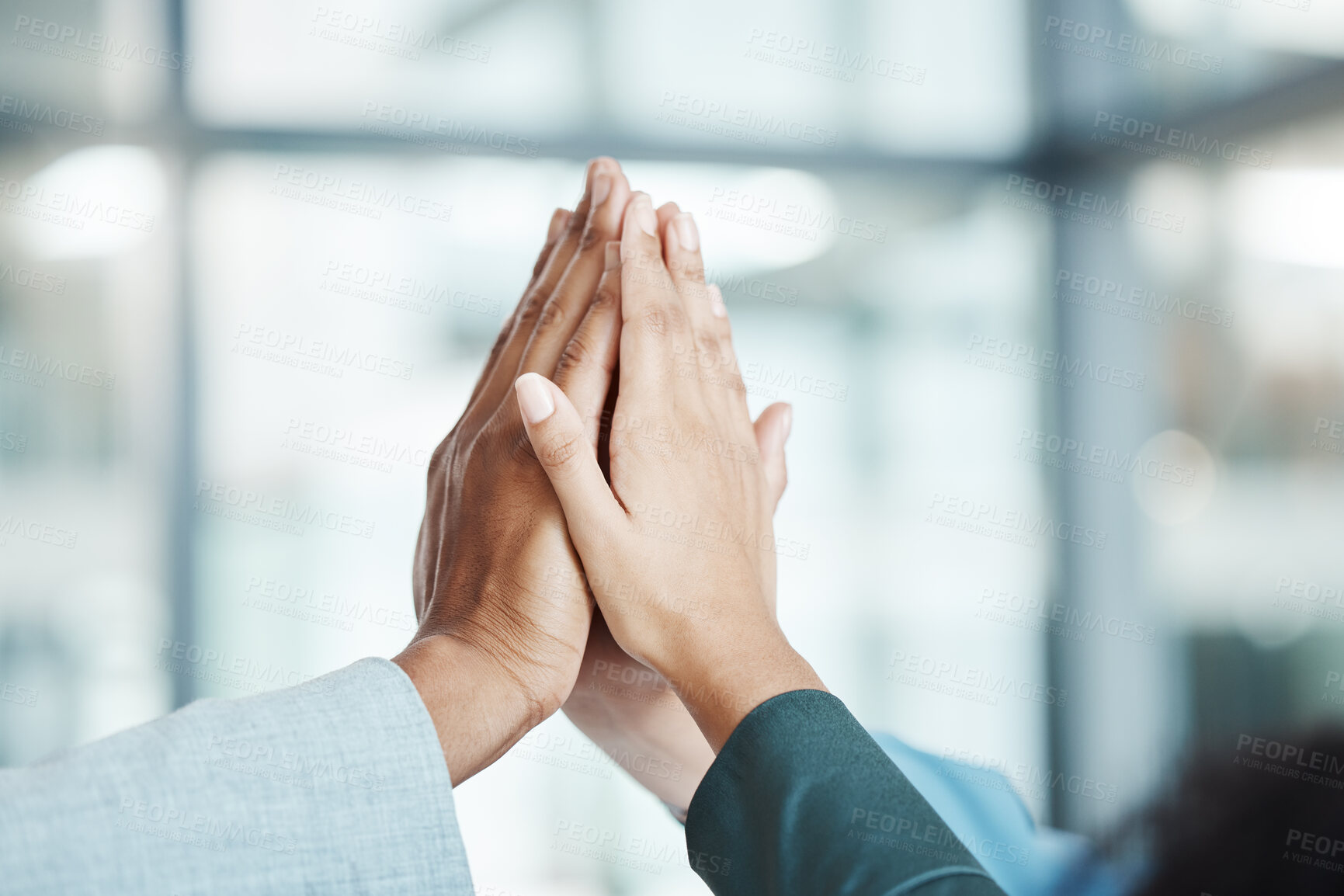 Buy stock photo Hands, high five and motivation with a team working in collaboration together in the office. Team building, success and partnership with an employee group in celebration of reaching a target or goal