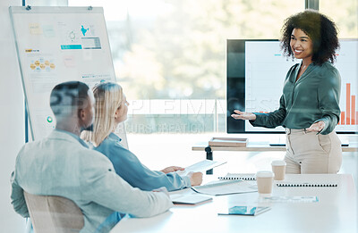 Buy stock photo Presentation, marketing and employees in meeting, planning and working on collaboration.  Young, corporate and worker with idea and smile for a company strategy talking in a business meeting at work