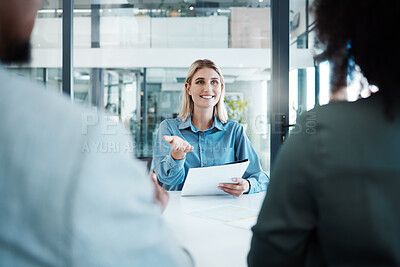 Buy stock photo Meeting, planning and strategy with a business woman and team talking about company vision in the boardroom. Documents, teamwork and communication with a female employee in discussion with colleagues