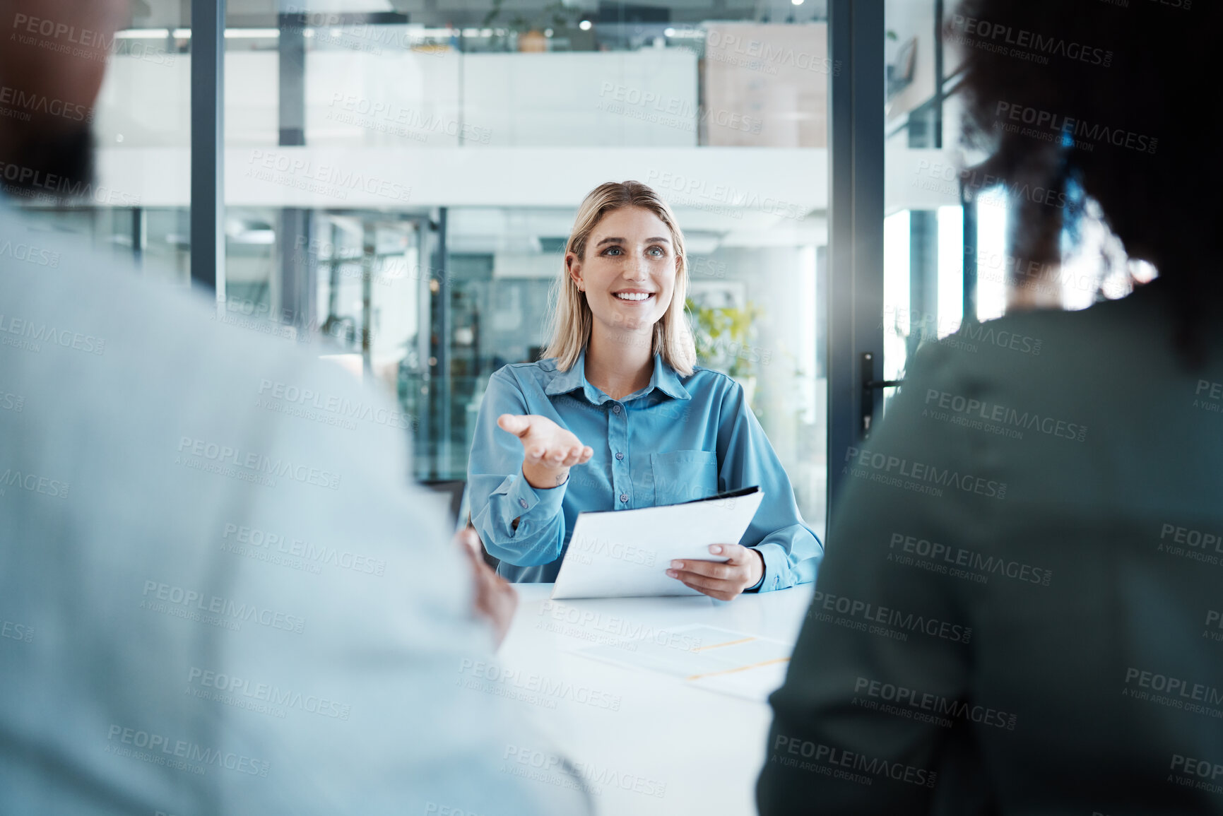 Buy stock photo Meeting, planning and strategy with a business woman and team talking about company vision in the boardroom. Documents, teamwork and communication with a female employee in discussion with colleagues