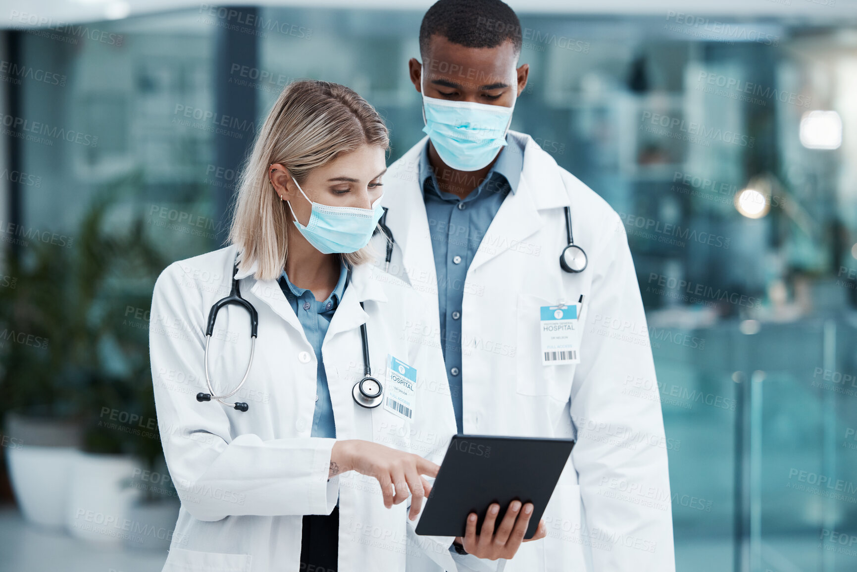 Buy stock photo Covid, planning and doctors with a tablet for healthcare, medical partnership and research on the internet at a hospital. Team of workers in medicine reading information on technology with face mask
