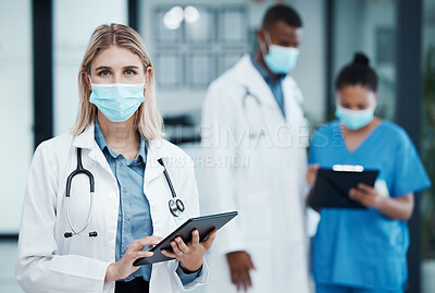 Buy stock photo Covid hospital, woman doctor and portrait of tablet research, wellness and medical planning in clinic. Young healthcare worker, face mask and digital app consulting for online test results in surgery