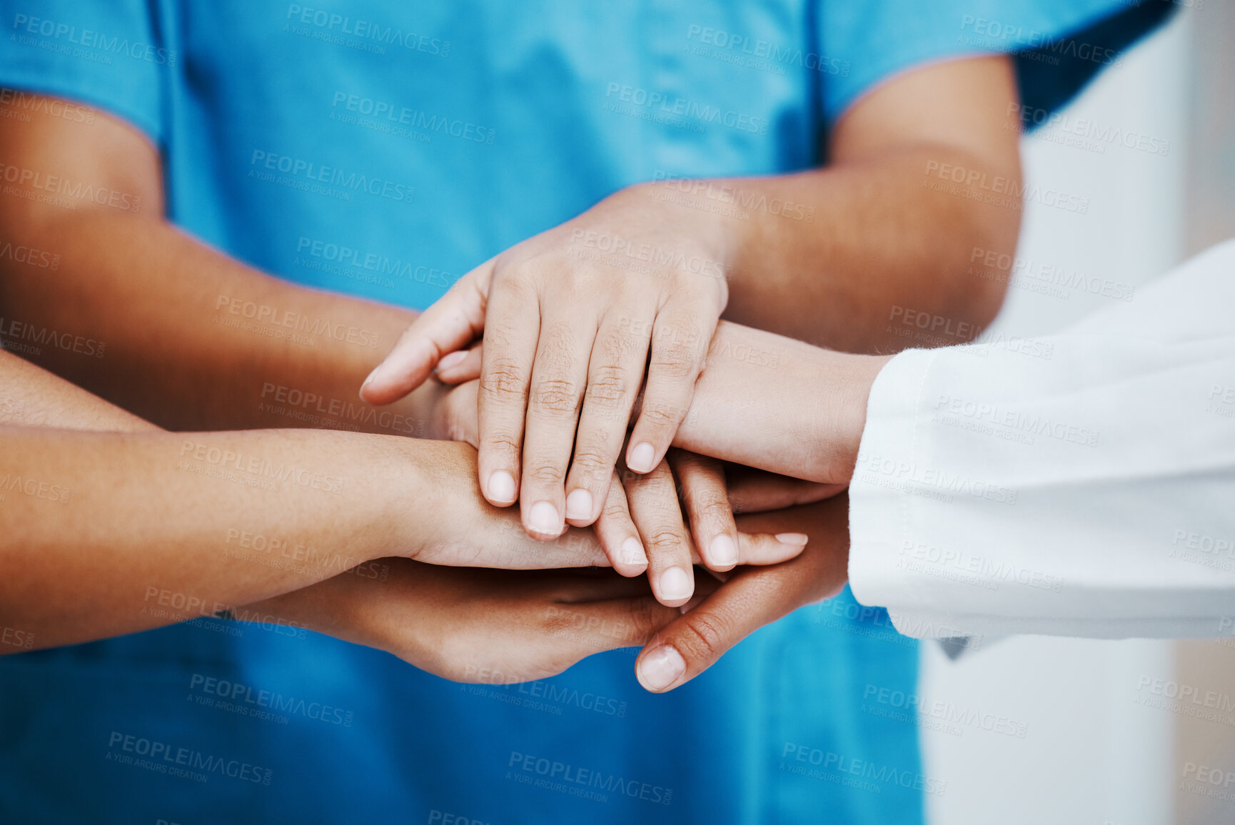 Buy stock photo Healthcare, hands and team in support, trust or hope for unity, collaboration or cooperation at the hospital. Group hand of medical experts together in teamwork for agreement or meeting in solidarity