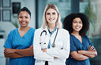 Medical teamwork, women doctors and portrait of professional service in hospital, clinic and surgery. Group of happy healthcare staff, management and nurse support, trust and motivation of commitment