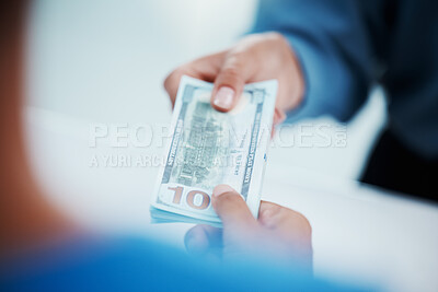 Buy stock photo Hands cash money exchange, payment and pay bills business purchase transaction. Closeup of dollars, consumer paying financial investment and businessman service finance deal or loan repayment