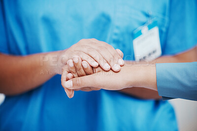 Buy stock photo Hospital nurse, patient support and hands held together with empathy, kindness and compassion. Nursing professional, healthcare wellness clinic and medical counseling a woman sorry for cancer results