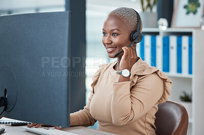Buy stock photo Call center, contact us and happy consultant in communication, helping and talking in customer services. Smile, telemarketing and black woman networking and speaking to a client at a support desk