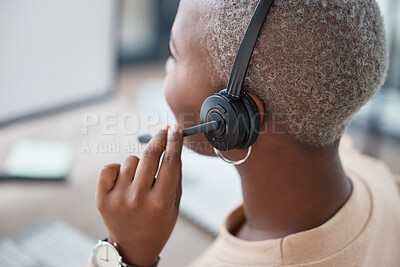 Buy stock photo Communication, call center and contact us for our telemarketing consulting insurance agent at a help desk. African, customer support and black woman networking, listening and talking to clients 