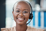 Black woman, call center and smile in portrait, consultant and glasses with headset for communication. Contact us, crm and customer support with happy, girl or face in customer service, help or agent