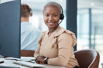 Buy stock photo Contact us, telemarketing and black woman in a call center for customer support, helping and talking to clients. Portrait, smile and happy African consultant working for a telecom company or business