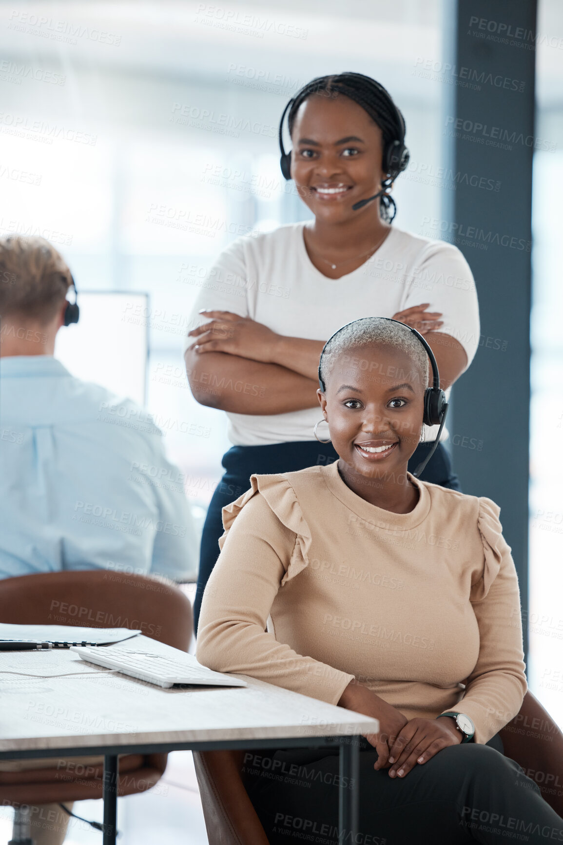 Buy stock photo Happy, black woman and call center team smile in contact us, customer service or telemarketing at the office. Portrait of African American professional female consulting agents in support management