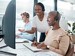 Black woman, call center training and manager with employee smile working for online customer support or telemarketing company. Crm consultant, office desk and staff help with contact us internet faq