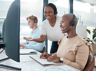 Buy stock photo Black woman, call center training and manager with employee smile working for online customer support or telemarketing company. Crm consultant, office desk and staff help with contact us internet faq