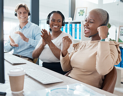 Buy stock photo Celebration, call center and business people with success, achievement and goal in the office. Happy, diversity and telemarketing employees clapping hands and celebrating online sale in the workplace