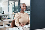 Call center agent, black woman and consulting, support or advice with headset on computer. Contact us, consultant or telemarketing, customer service operator or worker from South Africa in office.
