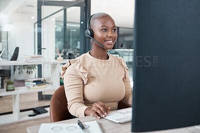 Buy stock photo Call center agent, black woman and consulting, support or advice with headset on computer. Contact us, consultant or telemarketing, customer service operator or worker from South Africa in office.
