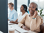 Call center, customer service and crm with a black woman consultant working with her team in the office. Contact, ecommerce and contact us with a female telemarketing employee at work with colleagues