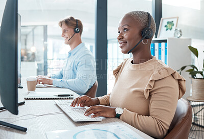 Buy stock photo Black woman, customer support and service with a smile working for digital call center or online telemarketing business. Crm consultant at office desk, helping customer and searching pc for solution
