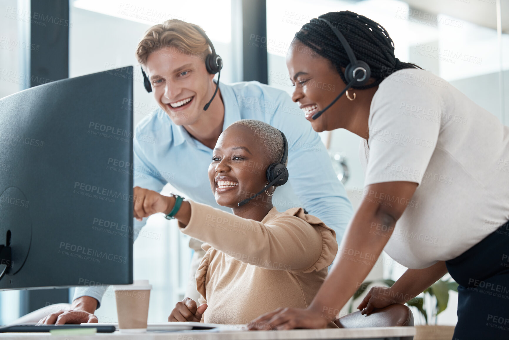 Buy stock photo Computer, customer service and consultant staff laugh at funny social media meme, video or online joke during work break. pointing, happiness and telemarketing consulting team laughing in call center