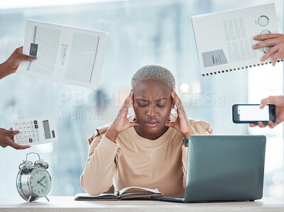 Buy stock photo Office, stress or headache of black woman with hands holding documents, calculator or phone. Burnout, fatigue and frustrated finance marketing girl in panic for deadline demand of people.

