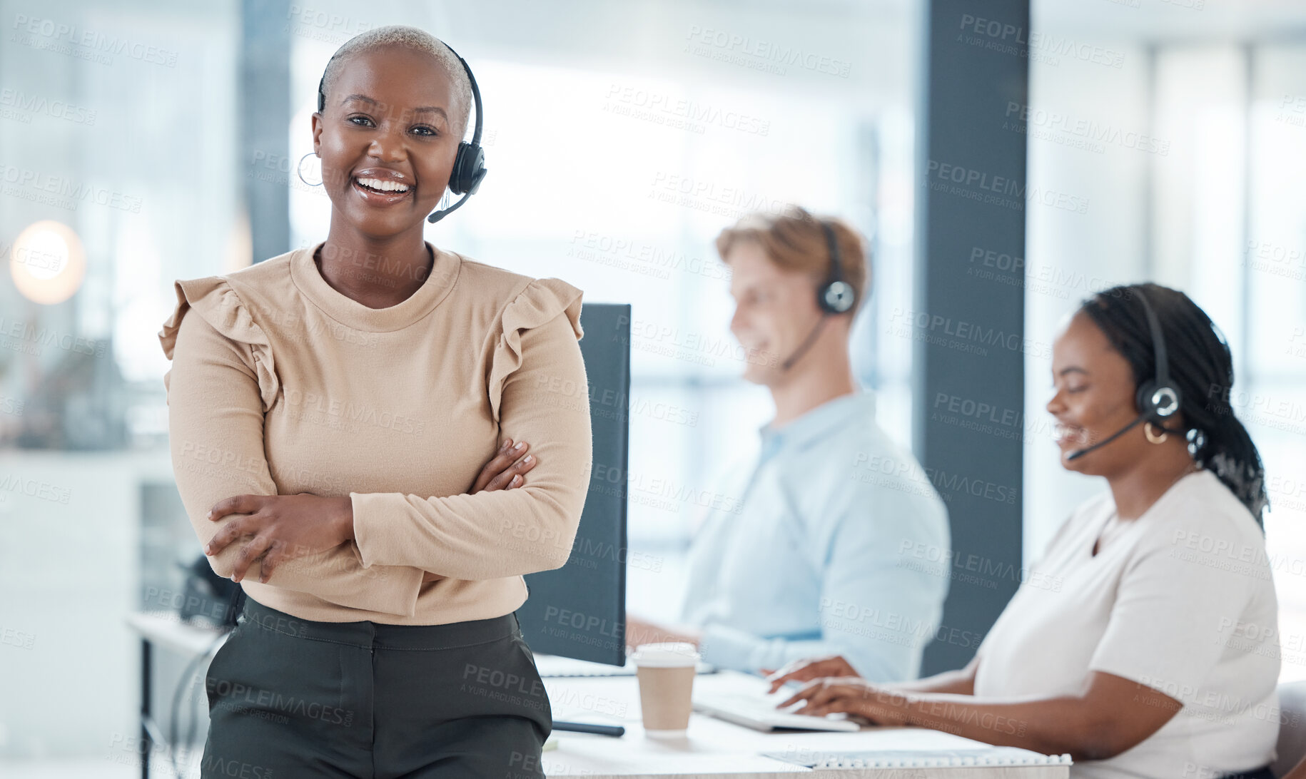 Buy stock photo Happy black woman, call center and contact us for customer service and telemarketing insurance agents at help desk. Smile, communication and team leader working for a global telecom sales company 