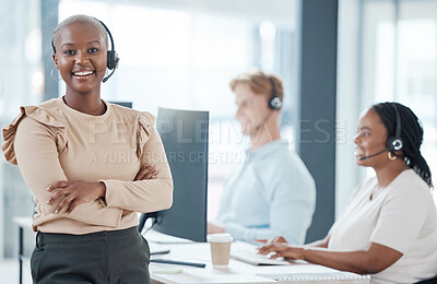 Buy stock photo Call center, support and black woman consulting, working and giving help to people on the web in telemarketing office. Portrait of a customer service agent with arms crossed, pride and smile for crm