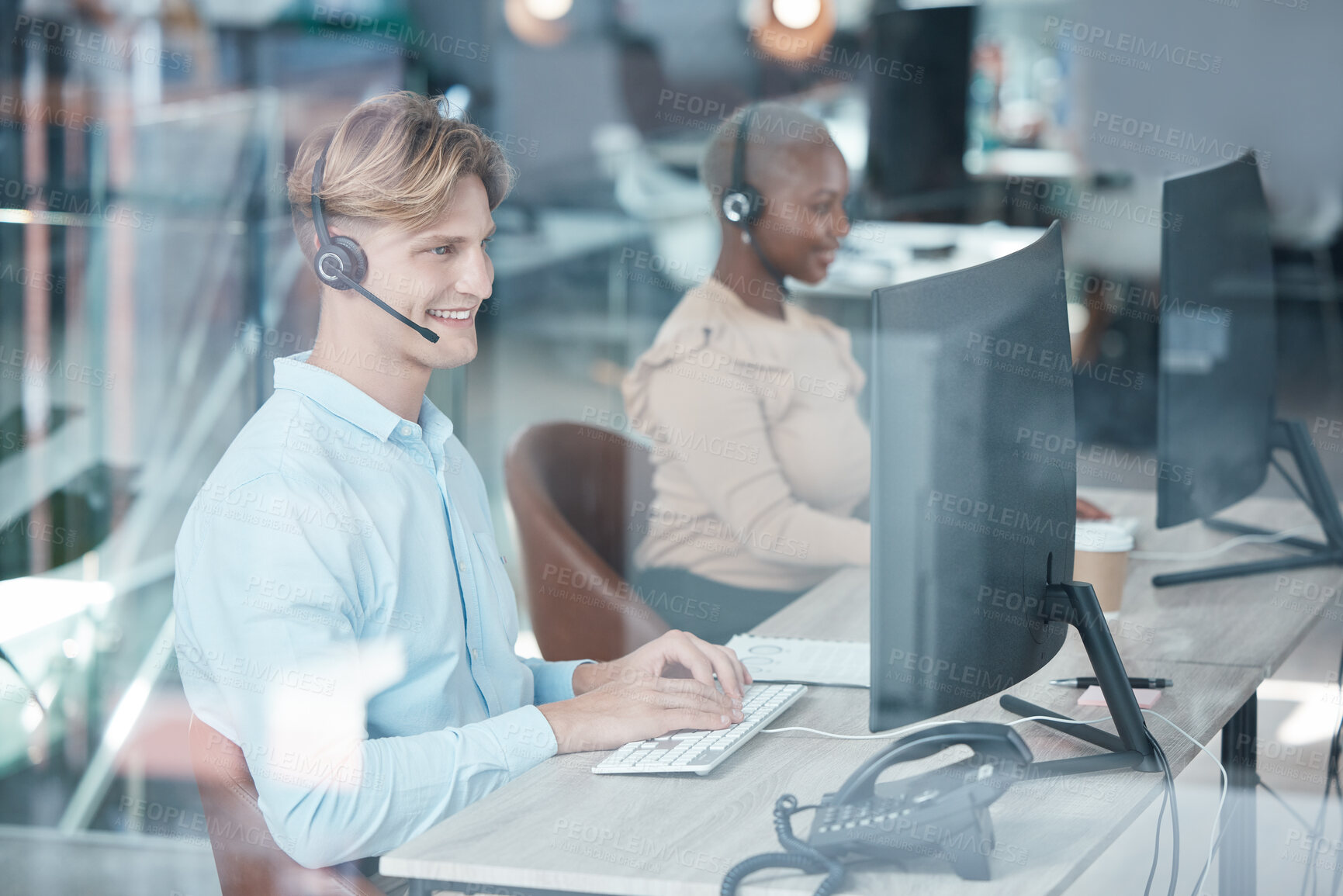 Buy stock photo Call center, people and typing at computer desk for customer service consultant communication. Contact us, technical support or telemarketing with satisfied smile of workers online in office.