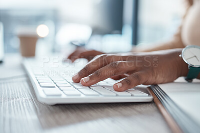 Buy stock photo Search, computer and hands of business woman typing for communication, technology and networking. Technology, internet and digital with black woman and keyboard for innovation, management and website