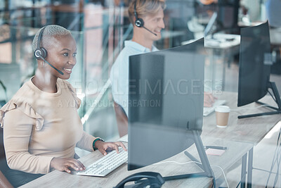 Buy stock photo Contact us, telemarketing and crm, a black woman in customer service with headset and smile on face. Happy to help, call center agent or sales consultant on phone call, support and consulting online.