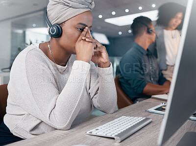 Buy stock photo Stress, call center and customer service with a woman consultant suffering from burnout or a headache. Contact us, telemarketing and mental health with a female crm employee at work in the office