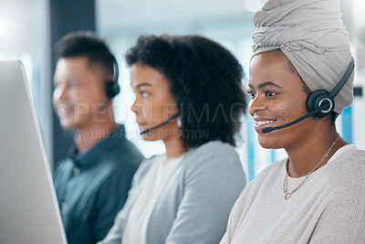 Buy stock photo Call center with headphone, black woman and phone call in business for customer service or telemarketing. Desk with computer, consulting with worker, consultant or crm, communication and support
