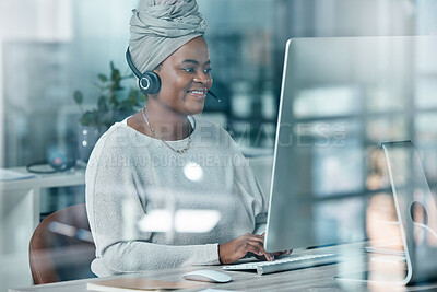Buy stock photo Call center, support and black woman consulting, working and in communication on the web for sales. Happy, smile and African customer service worker in the telemarketing, crm and consultant business