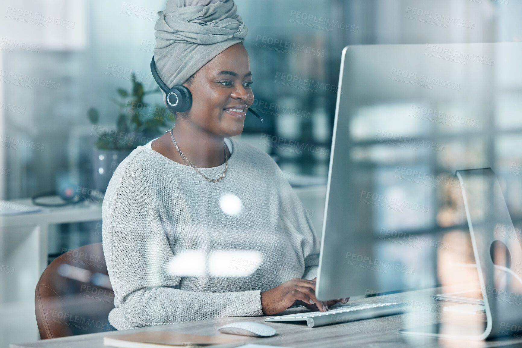 Buy stock photo Call center, support and black woman consulting, working and in communication on the web for sales. Happy, smile and African customer service worker in the telemarketing, crm and consultant business