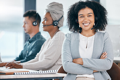 Buy stock photo Call center, customer service and leadership with a female manager or boss working in the office with her team. Crm, contact us and management with a business woman at wok in a telemarketing agency