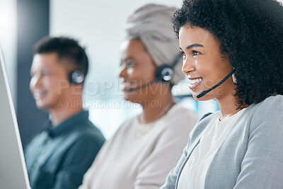 Buy stock photo Call center, contact us and woman in telemarketing customer support services talking and consulting clients. Smile, communication and happy sales agent working on a computer helping with loan advice