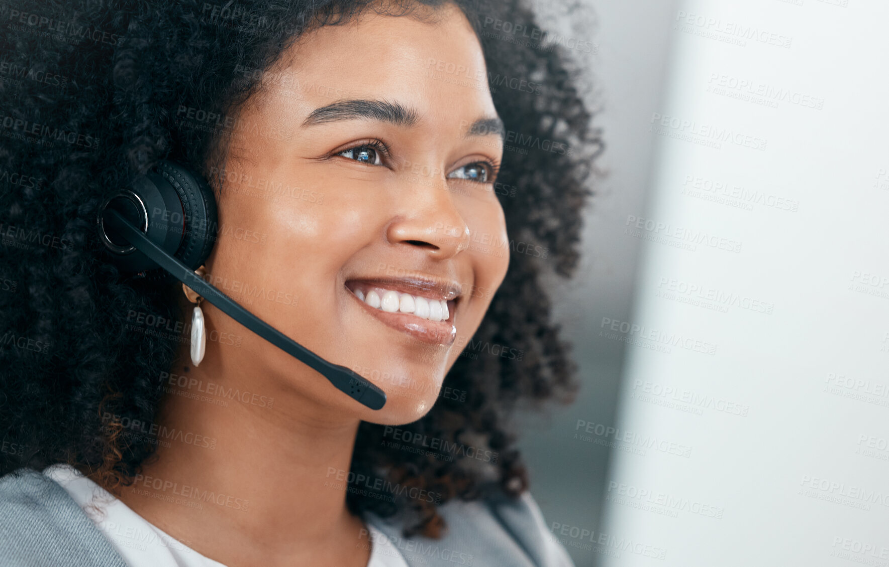 Buy stock photo Call center, customer service and sales with a woman consulting using a headset in her office. Face, contact us and crm with a telemarketing female working as a consultant for help or support