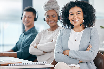 Buy stock photo Arms crossed, call center or customer service women, man or office people in crm consulting company or telemarketing agency. Portrait, smile or happy receptionist teamwork in contact us collaboration