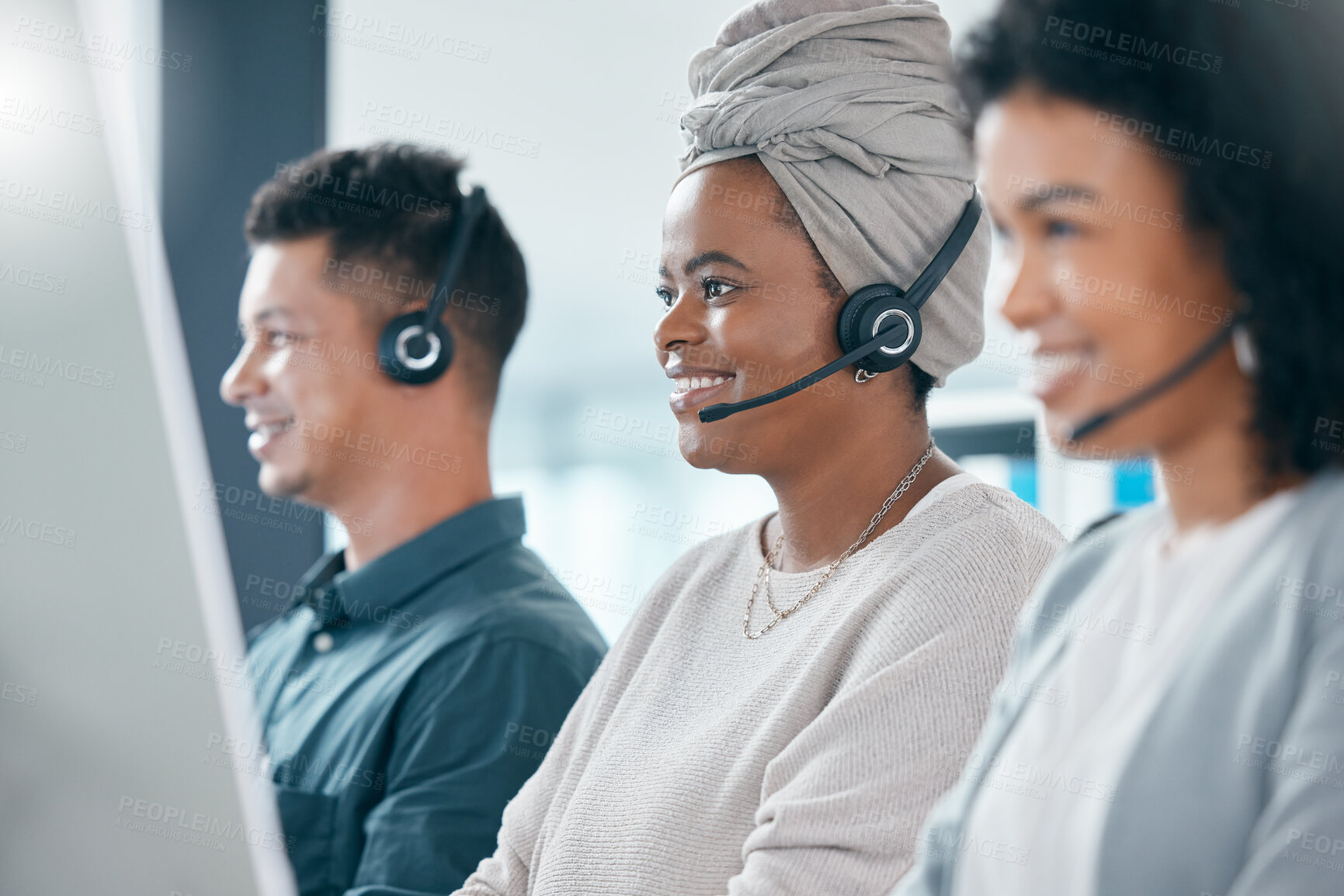 Buy stock photo Call center, telemarketing and diversity customer service consultant team with headset at pc desk inside crm office. Man and women contact us and sales staff for support and marketing with a smile
