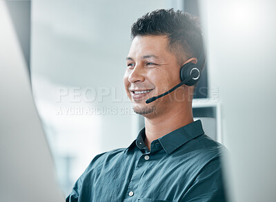 Buy stock photo Consultant, call center and contact us man at computer with smile in office with mic headset. Consulting, sales or support worker male at pc happy in corporate and professional workspace.