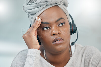 Buy stock photo Call center, headache and black woman with depression, stress and burnout from working in consulting. Sad, tired and thinking customer service employee with anxiety, work problem and mistake in crm